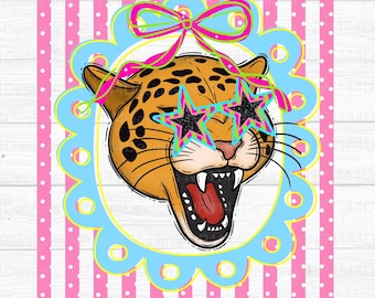 Striped School Spirit PNG, Preppy Jaguar head, Preppy School mascot png, Trendy Striped, Girly png, Coquette Bow design, Instant Download