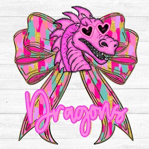 Dragons Preppy Mascot PNG, Coquette Mascot, School Mascot Sublimation Design, Mascot Bow png, Pink Out, Ready to Print, Instant Download
