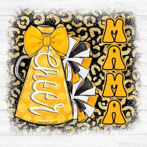 Cheer Mama PNG, Black and Yellow Gold Team Spirit, Leopard Cheer Sublimation Design, Cheer Bow, Cheer Mom, Ready to Print, Instant Download