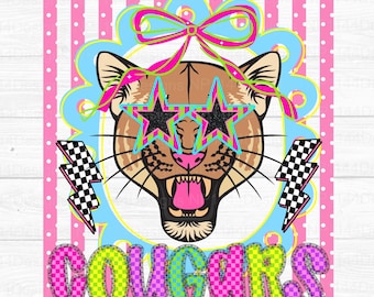 Striped School Spirit PNG, Cougars Preppy Mascot png, Neon School Spirit png, Trendy Striped, Girly png, Instant Download