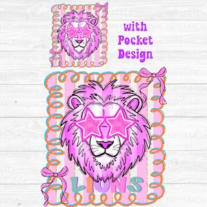 Lions Preppy Mascot PNG, Pink Mascot png, with pocket design, Trendy, Coquette Bow, Preppy Star Eyes Mascot, Pink Out, Instant Download