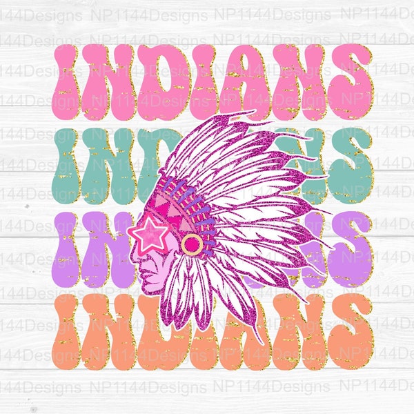 Indians Preppy Mascot PNG, Pink Mascot Sublimation Design, Cute Pastel Groovy Indians, Team Star Eyes, Ready to Print, Instant Download