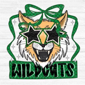 Wildcats Preppy Mascot PNG, Kelly Green Team Spirit, Trendy, Coquette School Mascot, Back to School, Preppy Star Eyes Team, Instant Download