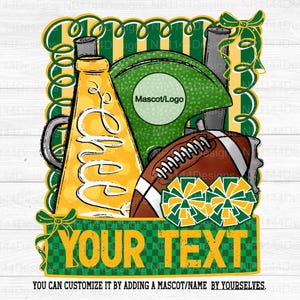 Football and Cheer PNG, Green and Gold Team Spirit, Coquette Football, Frame, Trendy, Customized Football png, Instant Download