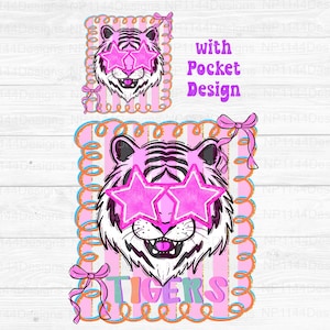 Tigers Preppy Mascot PNG, Pink Mascot png, with pocket design, Trendy, Coquette Bow, Preppy Star Eyes Mascot, Pink Out, Instant Download
