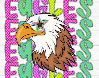 Adretter Neon Adler Maskottchen PNG, Neon Schule Geist, trendige png, Star Augen Design, kariert, Faux Lace Border Design, Sofort Download