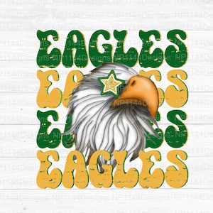 Eagles Preppy Maskottchen PNG, grüne und goldene Teamgeister, grooviges Sublimationsdesign, Team Star Eyes, druckfertig, sofortiger Download