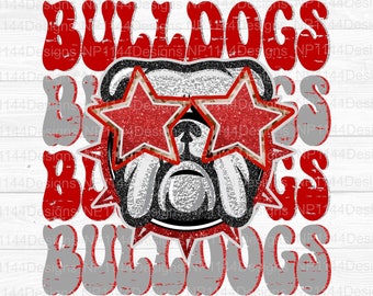 May include: Red and gray distressed text that reads "Bulldogs" with a cartoon bulldog wearing red star-shaped sunglasses. The bulldog has a white and gray fur pattern.