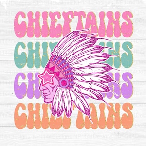 Chieftains Preppy Mascot PNG, Pink Mascot Sublimation Design, Groovy, Retro, Stacked, Mascot Star Eyes, Ready to Print, Instant Download