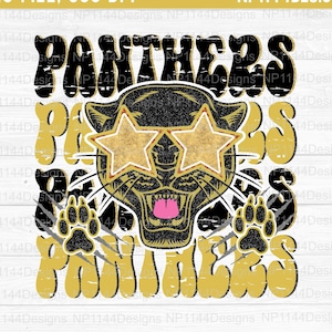 Panthers Preppy Mascot PNG, Black and Gold Team Spirits, Groovy Sublimation Design, School Mascots, Instant Download