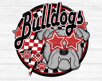 May include: A red, white, and black circular design with the word "Bulldogs" in a retro font. A cartoon bulldog wearing red star-shaped sunglasses is in the center of the design.