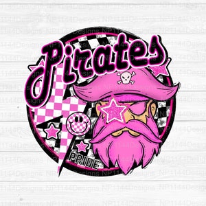 Pirates Preppy Mascot PNG, Pink Mascot, Retro, School Mascot Sublimation Design, Team Star Eyes, Checkered, Ready to Print, Instant Download