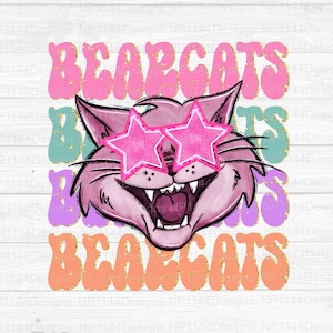 Bearcats Preppy Mascot PNG, Pink Mascot Sublimation Design, Groovy, Stacked, Bearcats Star Eyes, Ready to Print, Instant Download