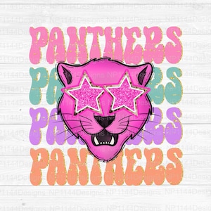 Panthers Preppy Mascot PNG, Pink Mascot Sublimation Design, Groovy, Retro, Stacked, Panthers Star Eyes, Ready to Print, Instant Download