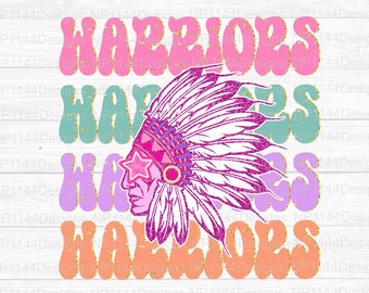 Warriors Preppy Mascot PNG, Pink Mascot Sublimation Design, Groovy, Stacked, Team Star Eyes, Ready to Print, Instant Download