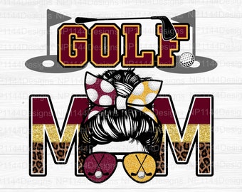 Golfmamma PNG: Maroon Gold School Spirit, Messy Bun, Sublimeringsdesign (digital nedladdning)