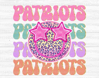 May include: A digital design featuring the word "PATRIOTS" in a retro font with a pink, blue, green, and purple color scheme. A smiley face with pink star sunglasses and a leopard print pattern is centered between the words.