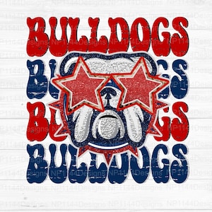 Bulldogs Preppy Mascot PNG, Red and Navy Blue Team Spirit, Groovy Sublimation Design, Team Star Eyes, Ready to Print, Instant Download