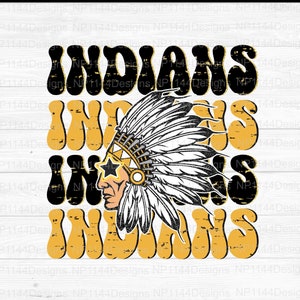 Indians Preppy Mascot PNG, Black and Gold Team Spirits, Groovy Sublimation Design, Team Star Eyes, Ready to Print, Instant Download