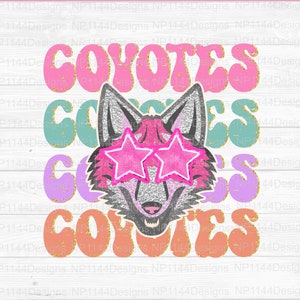 Coyotes Preppy Mascot PNG, Pink Mascot Sublimation Design, Groovy, Retro, Stacked, Team Star Eyes, Ready to Print, Instant Download