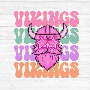 Vikings Preppy Mascot PNG, Pink Mascot Sublimation Design, Groovy, Retro, Stacked, Team Star Eyes, Ready to Print, Instant Download