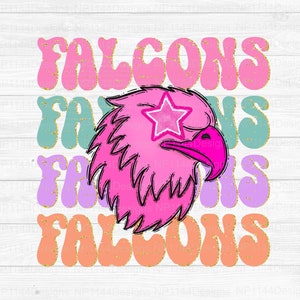 Falcons Preppy Mascot PNG, Pink Mascot Sublimation Design, Groovy, Bright, Colorful, School Mascot, Preppy Star Eyes, Instant Download