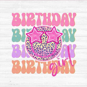 Geburtstagskind PNG, adrette Smiley Sublimation Design, groovy, Pastell, Geburtstag Leopard, rosa Sternaugen, bereit zum Drucken, sofortiger Download
