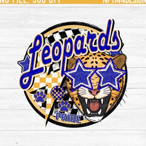 May include: A blue and gold circle with the words "Leopard's" and "PRIDE" inside. A cartoon leopard with blue star-shaped sunglasses is in the centre of the circle.