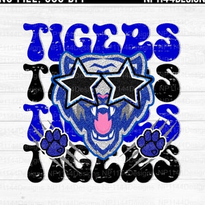 Tigers Preppy Mascot PNG, Blue and Black Team Colors, Groovy, Distressed, Stacked, Sublimation Design, School Mascots, Instant Download