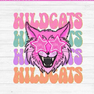 Wildcats Preppy Mascot PNG, Pink Mascot Sublimation Design, Groovy, Stacked, Wildcats Star Eyes, Ready to Print, Instant Download