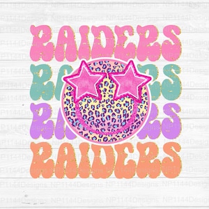Raiders Preppy Mascot PNG, Pink Mascot Sublimation Design, Team Star Eyes, Leopard Smiley, Ready to Print, Instant Download
