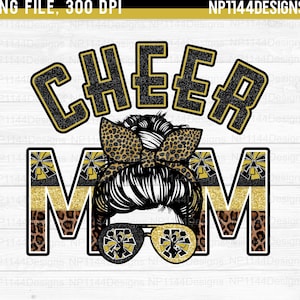 Cheer Mom PNG, Black and Gold Team Colors, Cheer Sublimation Design, Mom Life, Messy Bun, DTG Printing, Instant Download