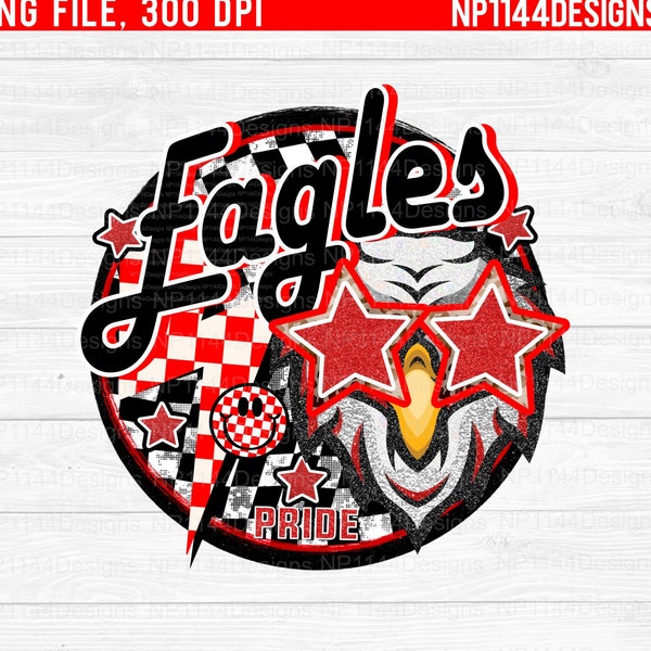 Eagles Preppy Mascot PNG, Red Team Spirit, School Mascot Sublimation Design, Retro, Team Star Eyes, Circle Background, Instant Download