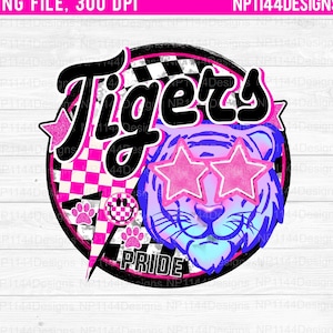 Tigers Preppy Mascot PNG, Pink Mascot Sublimation Design, Retro, Team Star Eyes, Ready to Print, Instant Download