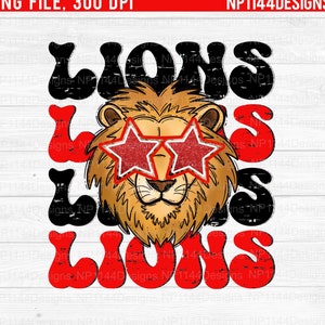 Lions Preppy Mascot PNG, Black and Red Team Spirit, Retro School Mascot Sublimation Design, Team Star Eyes, Ready to Print, Instant Download