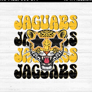 Jaguars Preppy Mascot PNG, Black and Yellow Gold Team Spirits, Groovy Sublimation Design, School Mascots, Ready to Print, Instant Download