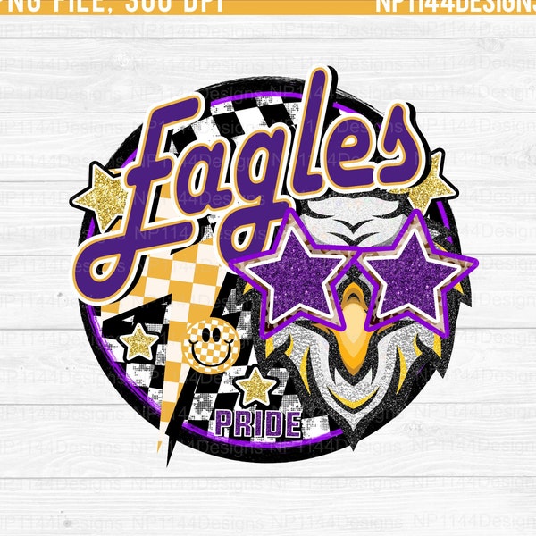Eagles Preppy Mascot PNG, Eagles Pride, Purple and Gold Team Spirit, Sublimation Design, Eagles Star Eyes, Ready to Print, Instant Download