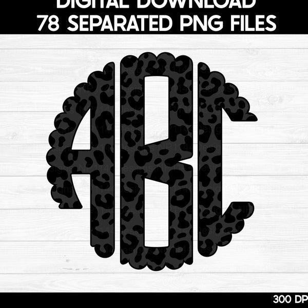 Black Leopard Monogram Letters PNG, Scallop Monogram, Circle Monogram, Leopard Sublimation Elements, Doodle Alpha Pack, Instant Download