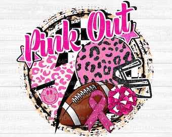 Pink Out PNG, Breast Cancer Awareness Sublimation Design, Pink Ribbon, Football and Cheer Design, Ready to Print, Instant Download