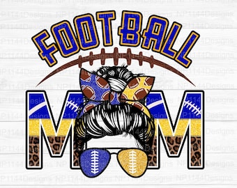 Football Mom Blue and Yellow Gold PNG, Leopard Print Football Sublimation Download, Leopard Mom, Messy Bun, DTG Printing, Instant Download