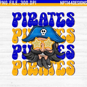 Pirates Preppy Mascot PNG, Blue and Yellow Gold Team Spirit, Retro Sublimation Design, Team Star Eyes, Ready to Print, Instant Download