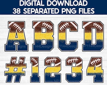 May include: 38 digital files of football-themed alphabet letters and numbers. The letters are brown, gold, and blue with a glitter effect. The numbers are brown, gold, and blue with a glitter effect. The letters and numbers have a football design on them.