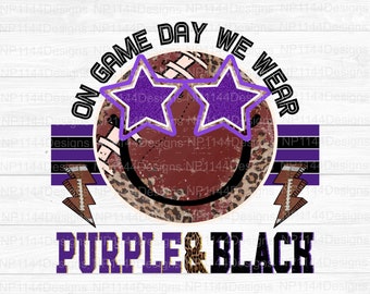 Preppy Football PNG: il giorno della partita indossiamo il viola e il nero, faccina sorridente che gioca a football (download digitale)