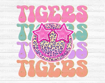 Tigers Preppy Mascot PNG: Pink, Leopard Smiley Face Sublimation Design (Digital Download)
