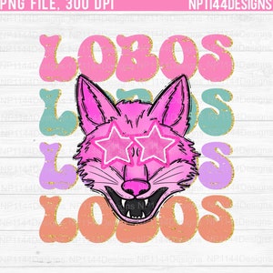 Lobos Preppy Mascot PNG, Pink Mascot Sublimation Design, School Mascot, Pink Star Eyes, Retro, Stacked, Ready to Print, Instant Download