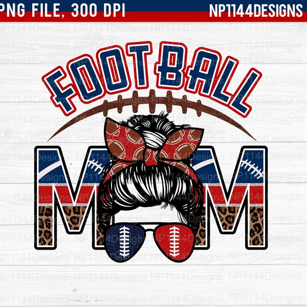 Football Mom PNG, Navy Blue and Red Team Spirit, Football Sublimation Design, Messy Bun, Leopard Mom, Ready to Print, Instant Download