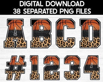 May include: 38 digital download files of basketball themed letters and numbers. The letters are A, B, C, and D. The numbers are 1, 2, 3, and 4. The letters and numbers are black with a leopard print background and a basketball graphic on top.