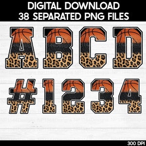 Basketball Half Leopard Print Alphabet Bundle PNG, Black Glitter Sublimation Letters, Varsity Letters, Alpha Pack, Instant Download