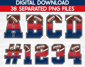 May include: A set of 38 digital files featuring red, white, and blue glitter football-themed alphabet letters and numbers. The letters are A, B, C, and D. The numbers are 1, 2, 3, and 4. The letters and numbers are in a bold, blocky font.