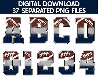 May include: A set of 37 digital files featuring a brown and white football design with a navy blue outline. The files include the letters A through D and the numbers 1 through 4. The design has a distressed, glittery look. The files are 300 DPI.